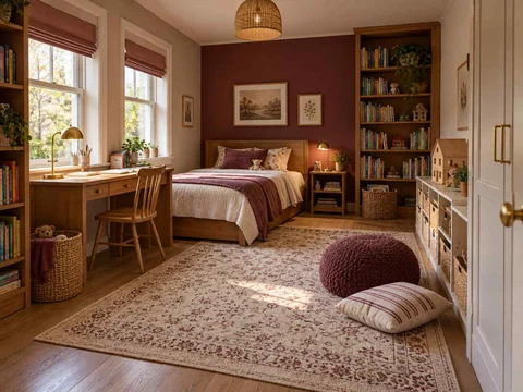 AI concept of a bedroom with a central rug and open floor space for play, with warm wood bookshelves and burgundy accents