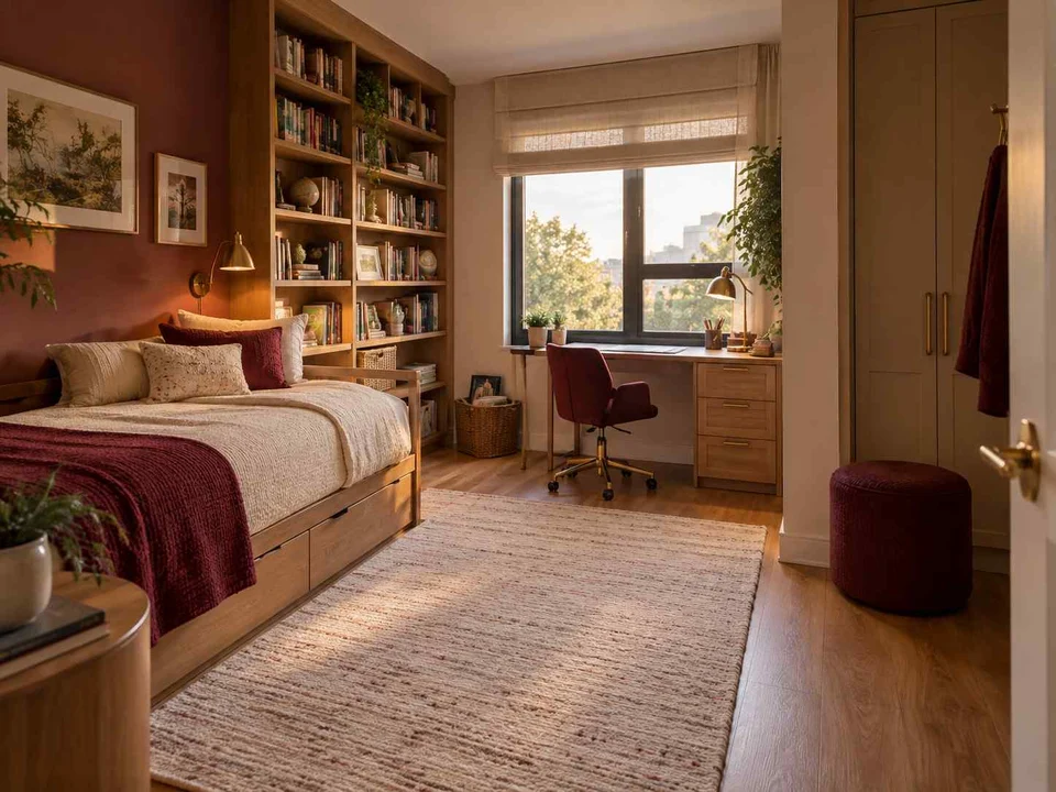 AI concept of a bedroom with a study desk and storage beside the sleeping area, with warm wood bookshelves and burgundy accents