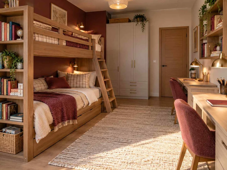 AI concept of bunk beds alongside study furniture and storage, with warm wood bookshelves and burgundy accents
