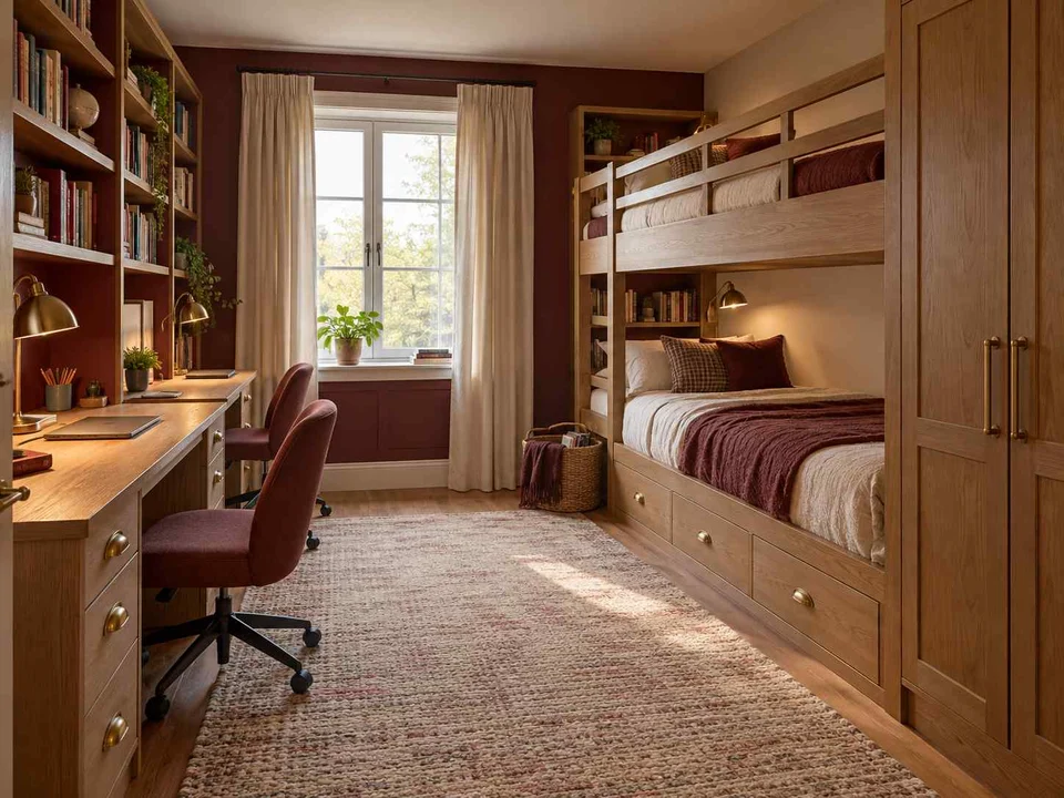 AI concept of bunk beds paired with bookshelves and study space, with warm wood bookshelves and burgundy accents