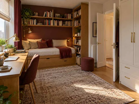 AI concept of a compact bedroom combining a bed, desk and storage, with warm wood bookshelves and burgundy accents