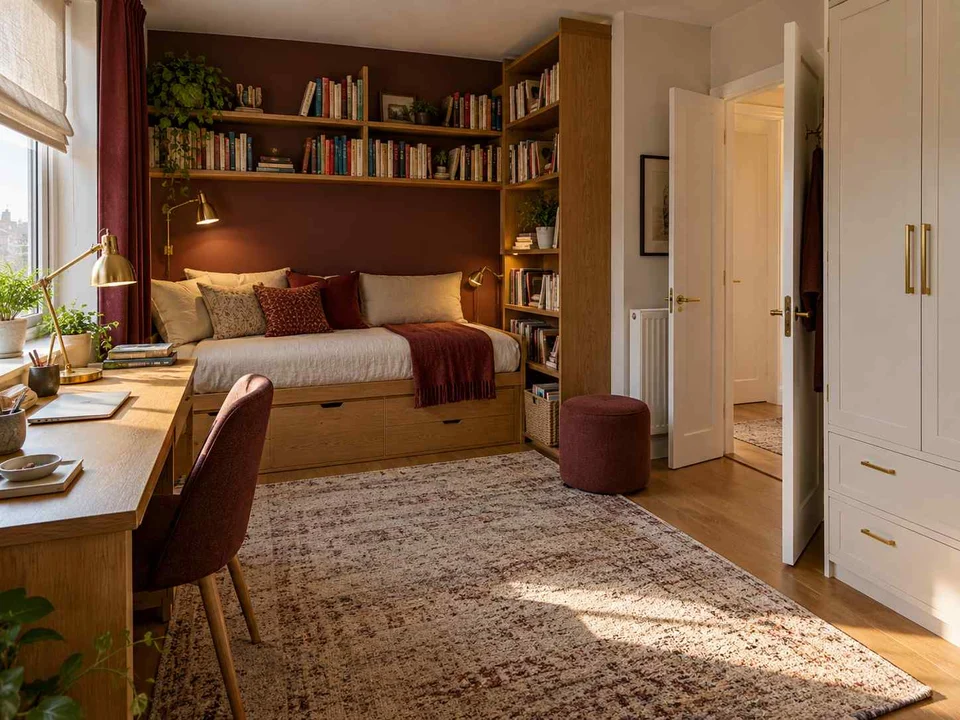 AI concept of a compact bedroom combining a bed, desk and storage, with warm wood bookshelves and burgundy accents