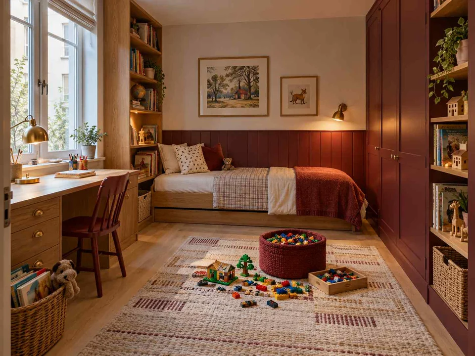 AI concept of a daylit bedroom with space for floor play, with warm wood bookshelves and burgundy accents