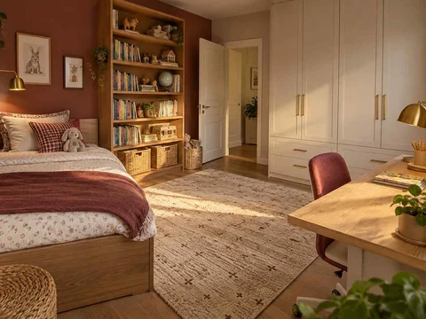 AI concept of a bedroom with a bed, study desk and open central floor space, with warm wood bookshelves and burgundy accents