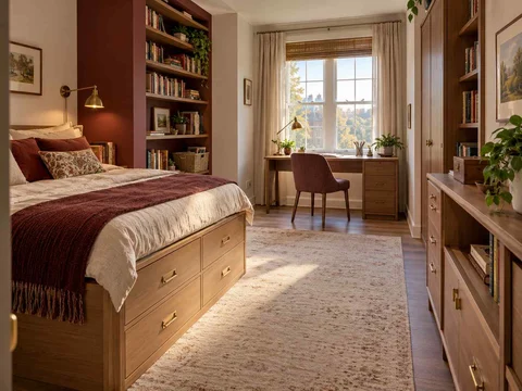 AI concept of a bedroom combining low storage with taller cabinetry or shelving, with warm wood bookshelves and burgundy accents