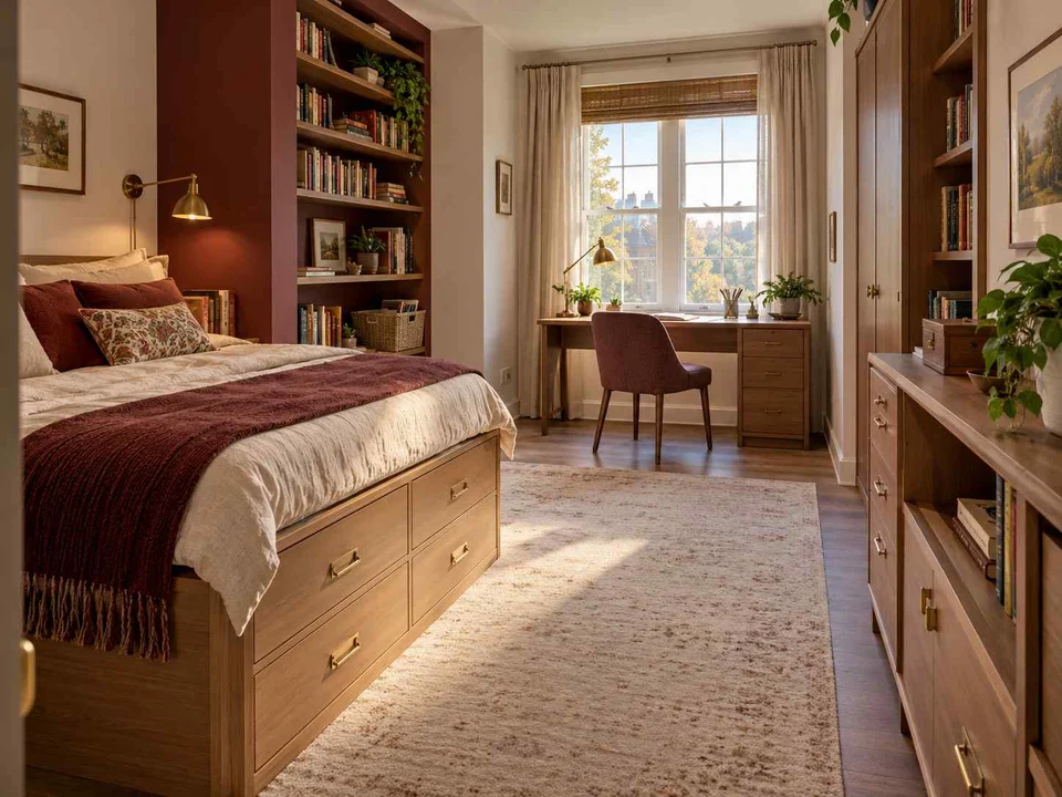 AI concept of a bedroom combining low storage with taller cabinetry or shelving, with warm wood bookshelves and burgundy accents