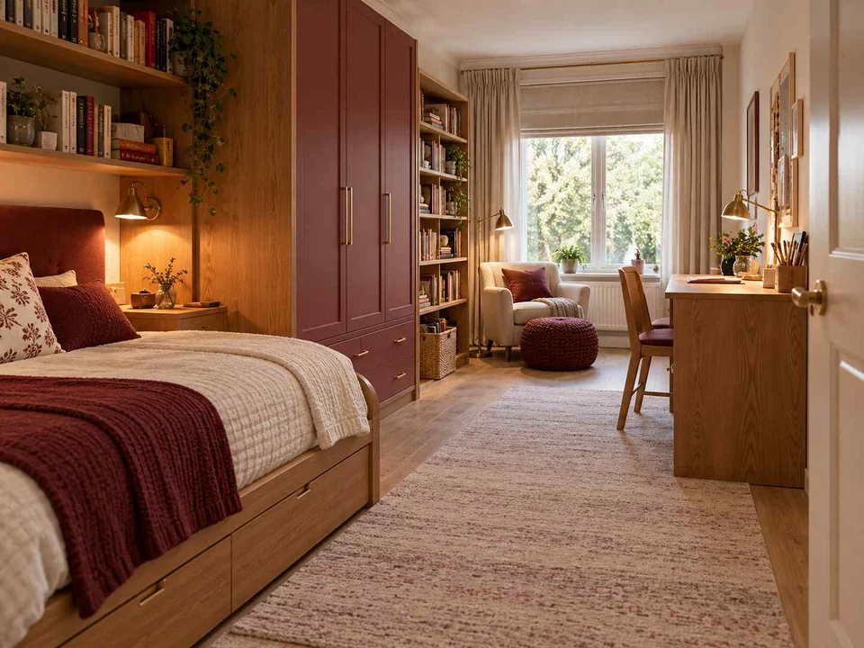 AI concept of a long bedroom with sleeping and study areas arranged along its length, with warm wood bookshelves and burgundy accents