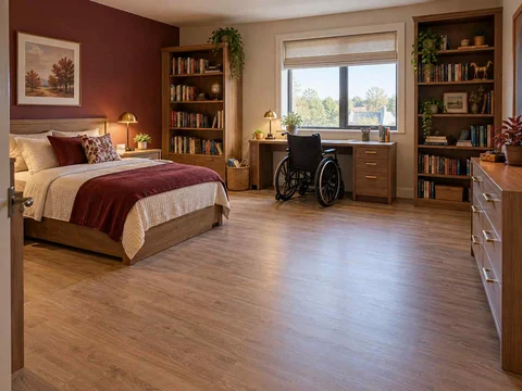 AI concept of a bedroom with an open central floor area and furniture arranged around its edges, with warm wood bookshelves and burgundy accents