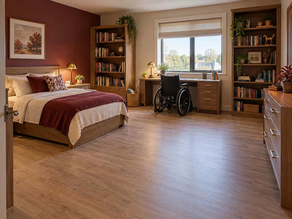 AI concept of a bedroom with an open central floor area and furniture arranged around its edges, with warm wood bookshelves and burgundy accents