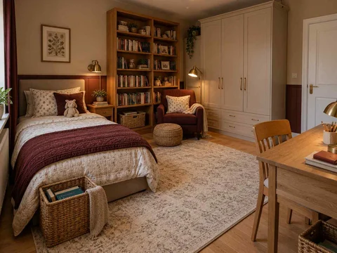 AI concept of a bedroom arranged around sleep, storage and a small sitting area, with warm wood bookshelves and burgundy accents