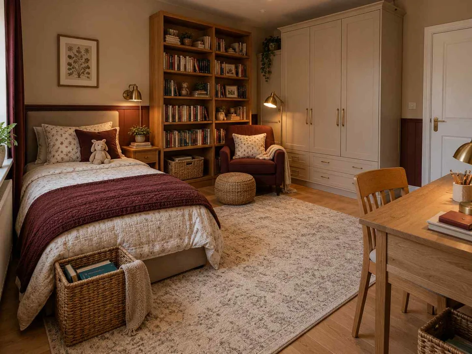AI concept of a bedroom arranged around sleep, storage and a small sitting area, with warm wood bookshelves and burgundy accents