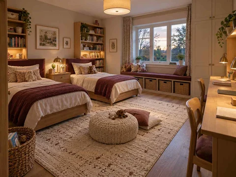 AI concept of a shared bedroom with twin sleeping areas and daylight from the window side, with warm wood bookshelves and burgundy accents