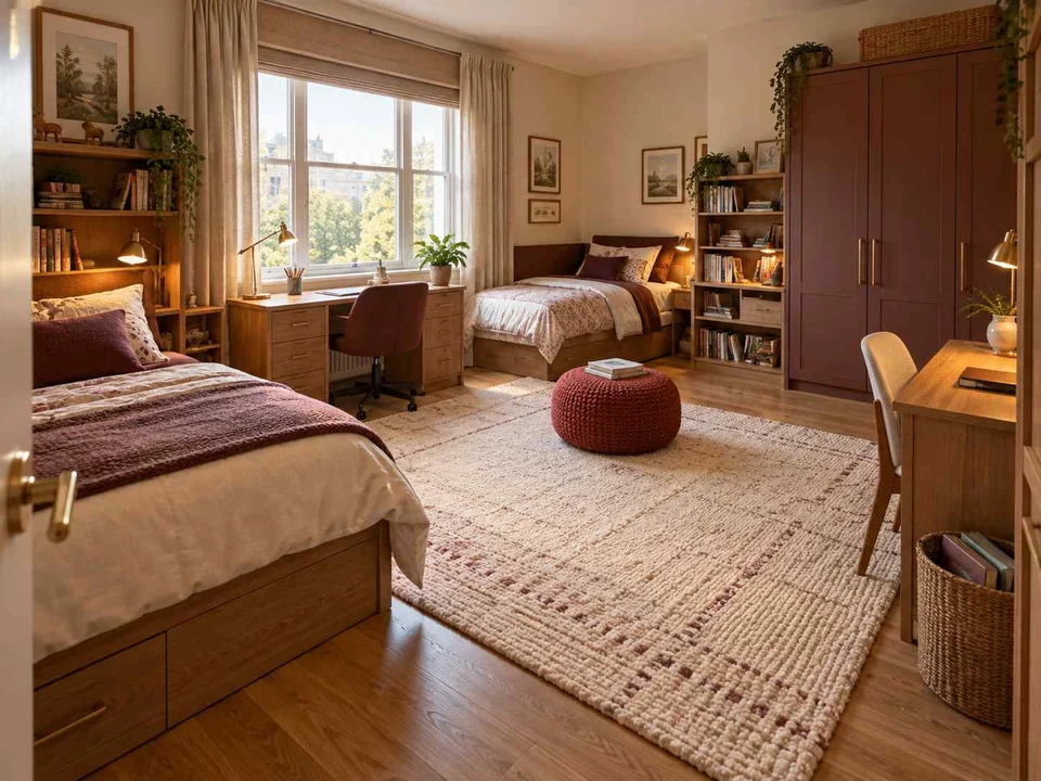 AI concept of a shared bedroom with two sleeping areas and desk space, with warm wood bookshelves and burgundy accents