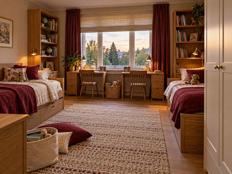 AI concept of two beds arranged around a shared central floor area, with warm wood bookshelves and burgundy accents