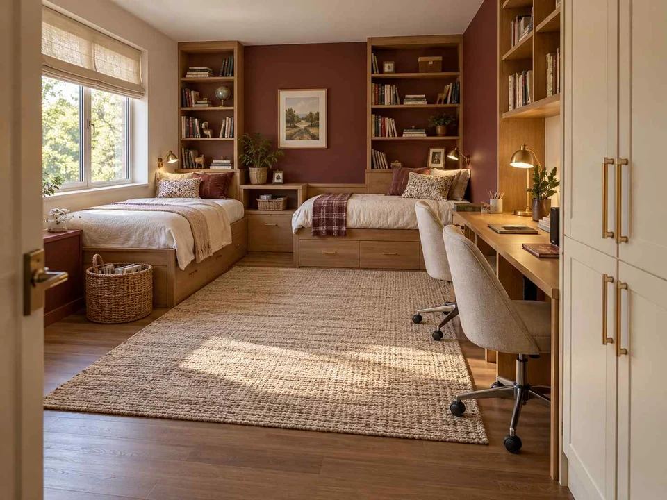 AI concept of a shared bedroom with two sleeping areas and study furniture, with warm wood bookshelves and burgundy accents