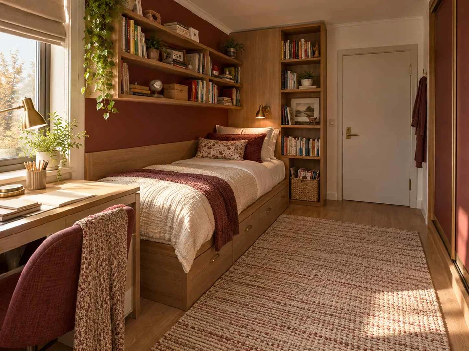 AI concept of a small bedroom with a bed, study furniture and integrated storage, with warm wood bookshelves and burgundy accents