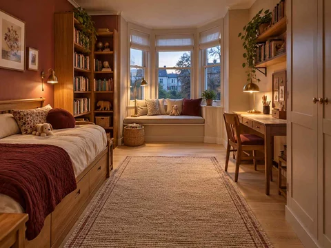 AI concept of a bedroom with a window-side seating area, with warm wood bookshelves and burgundy accents
