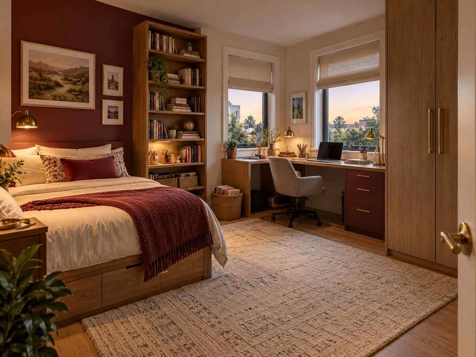 AI concept of a bedroom with a desk positioned near a window, with warm wood bookshelves and burgundy accents
