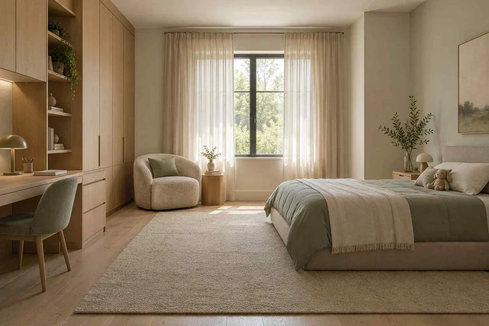 AI concept: a muted green and cream bedroom has a simple bed, clear floor and softly curved chair