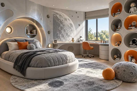AI concept: a round bed, moon mural and circular display niches in a grey and orange bedroom
