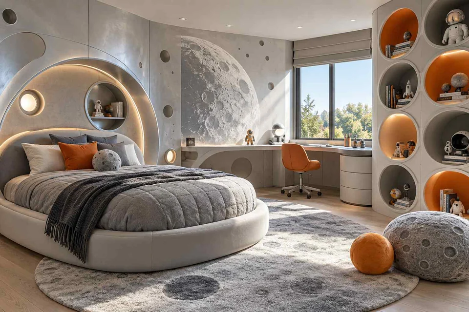 AI concept: a round bed, moon mural and circular display niches in a grey and orange bedroom