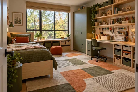 AI concept: a bedroom with a pegboard craft desk, timber shelving and a geometric rug
