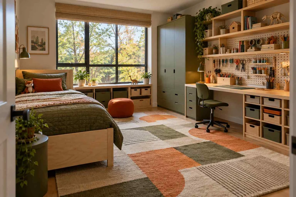 AI concept: a bedroom with a pegboard craft desk, timber shelving and a geometric rug
