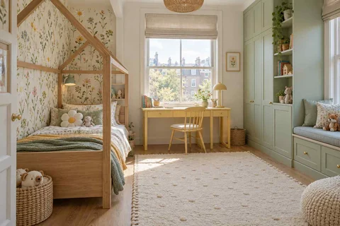 AI concept: a house-frame bed, botanical wallpaper and pale green cabinetry in a bright bedroom