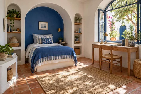 AI concept: a blue arched bed recess, ochre wall arch and patterned rug beside a timber desk