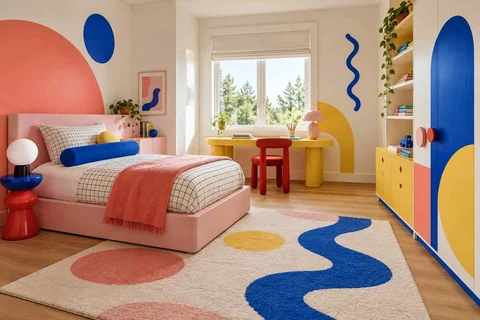 AI concept: bold blue, red and yellow forms decorate a pastel bedroom with a curved headboard