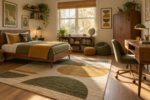 AI concept: a low timber bed, mustard bedding and geometric rug with mid-century furniture