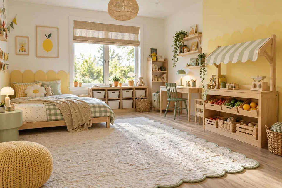 AI concept: a striped pretend-shop canopy and low play counter sit beside a yellow-accented bed