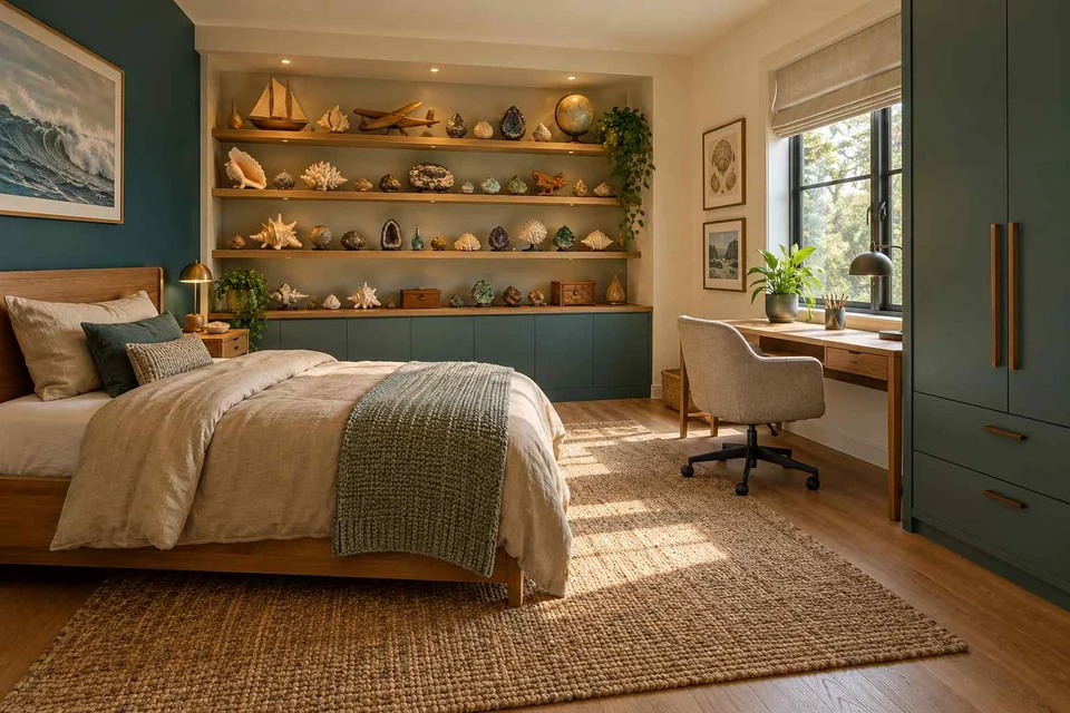 AI concept: a green bed, wall-mounted display shelves and a small study desk