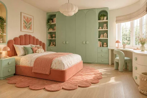 AI concept: a mint bedroom with a coral scalloped headboard, rounded rug and curved window desk
