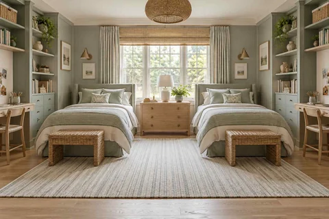 AI concept: two matching single beds, central window desk and symmetrical green shelving
