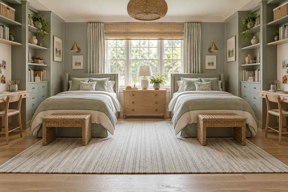 AI concept: two matching single beds, central window desk and symmetrical green shelving