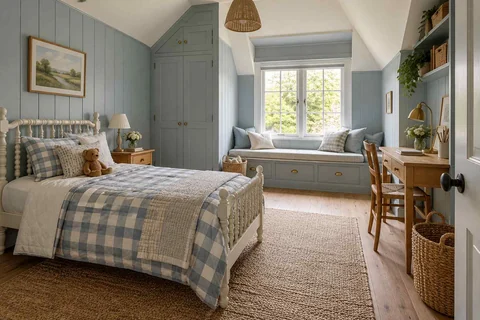 AI concept: a pale blue cottage-style room with checked bedding, a window seat and timber shelving