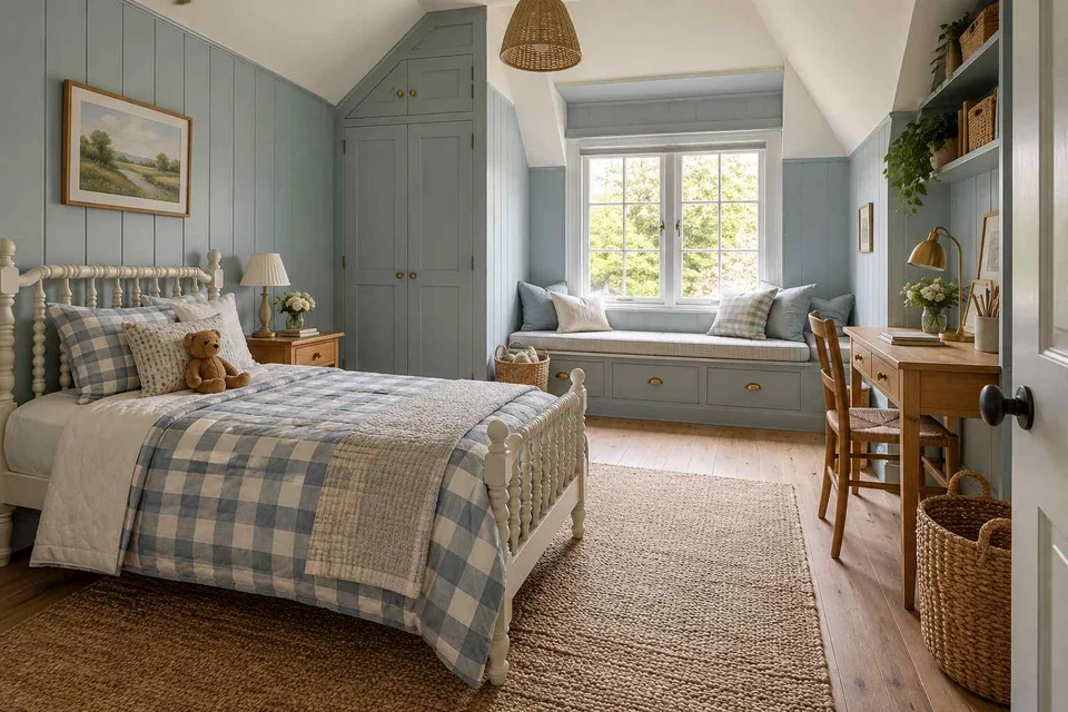 AI concept: a pale blue cottage-style room with checked bedding, a window seat and timber shelving