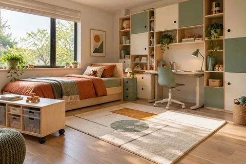 AI concept: a timber bed, configurable-looking shelving and a desk create a flexible green-accented room