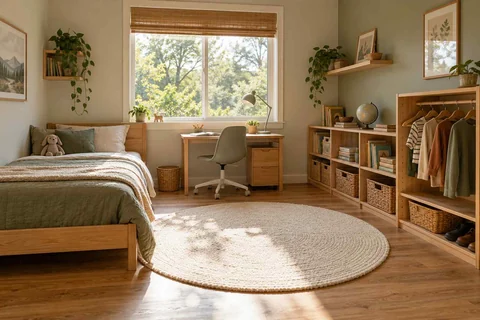 AI concept: a low timber bed, accessible shelves and a small work surface form an independence-inspired room
