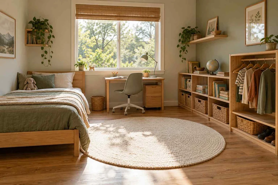 AI concept: a low timber bed, accessible shelves and a small work surface form an independence-inspired room