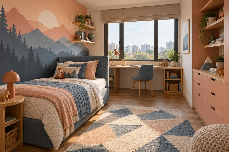 AI concept: a mountain mural in blue and peach behind a bed, with a desk beside the window