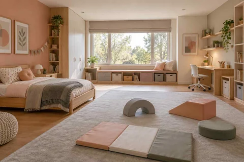 AI concept: soft geometric play blocks sit on an open floor beside a bed and low storage