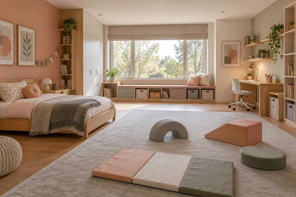 AI concept: soft geometric play blocks sit on an open floor beside a bed and low storage