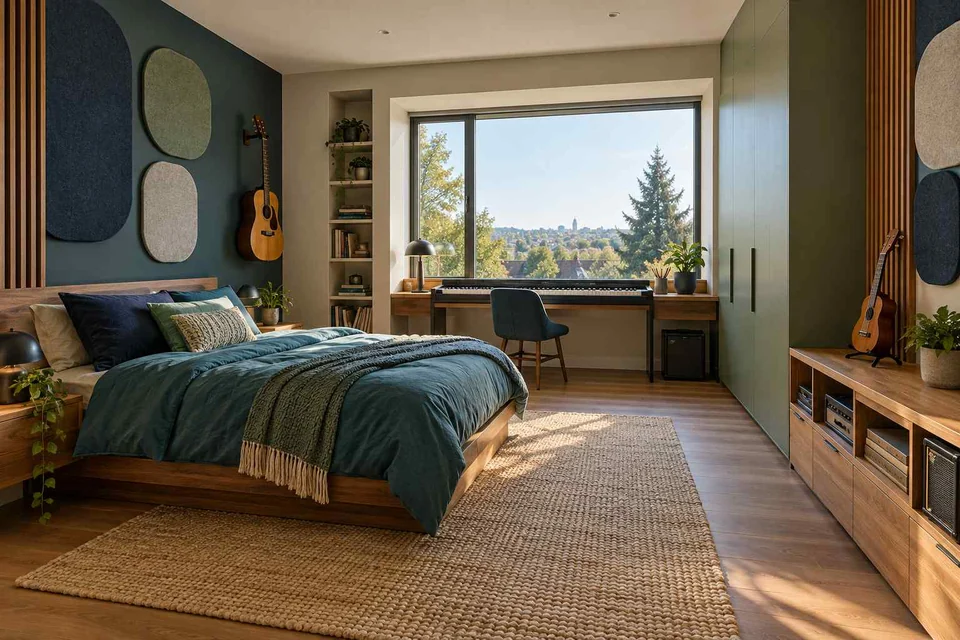 AI concept: a teal bed, acoustic-style wall panels and a guitar beside a window desk