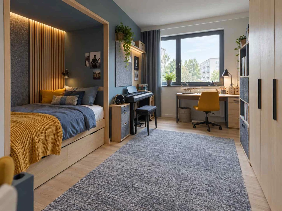 AI concept of a bedroom with a recessed sleeping area and a separate desk, with blue cabinetry and mustard accents