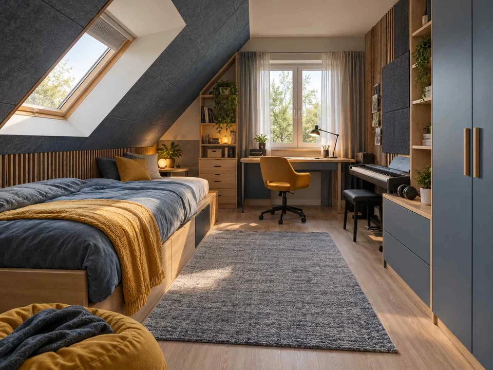 AI concept of a bedroom beneath a sloping ceiling with a bed and desk, with blue cabinetry and mustard accents