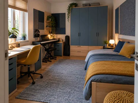 AI concept of a bedroom arranged with a bed, desk and storage furniture, with blue cabinetry and mustard accents
