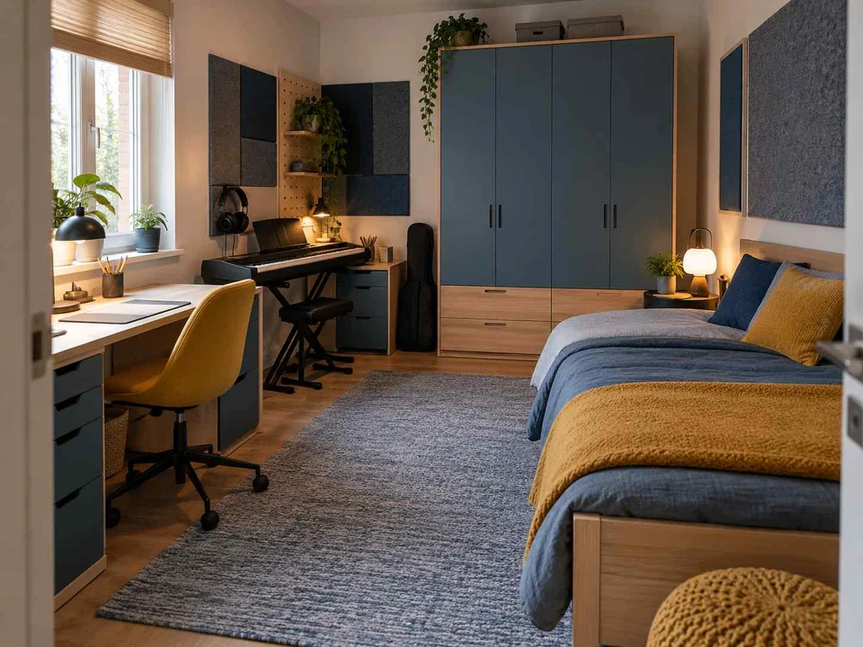 AI concept of a bedroom arranged with a bed, desk and storage furniture, with blue cabinetry and mustard accents