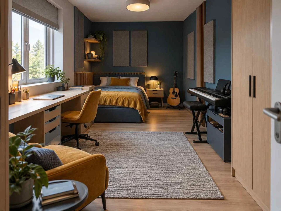 AI concept of a bedroom with desk space, task lighting and nearby storage, with blue cabinetry and mustard accents